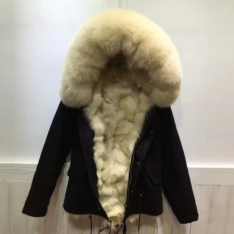 New style Mr Black winter coats beige fox fur inside jacket women Outerwear real thick warm fur parka