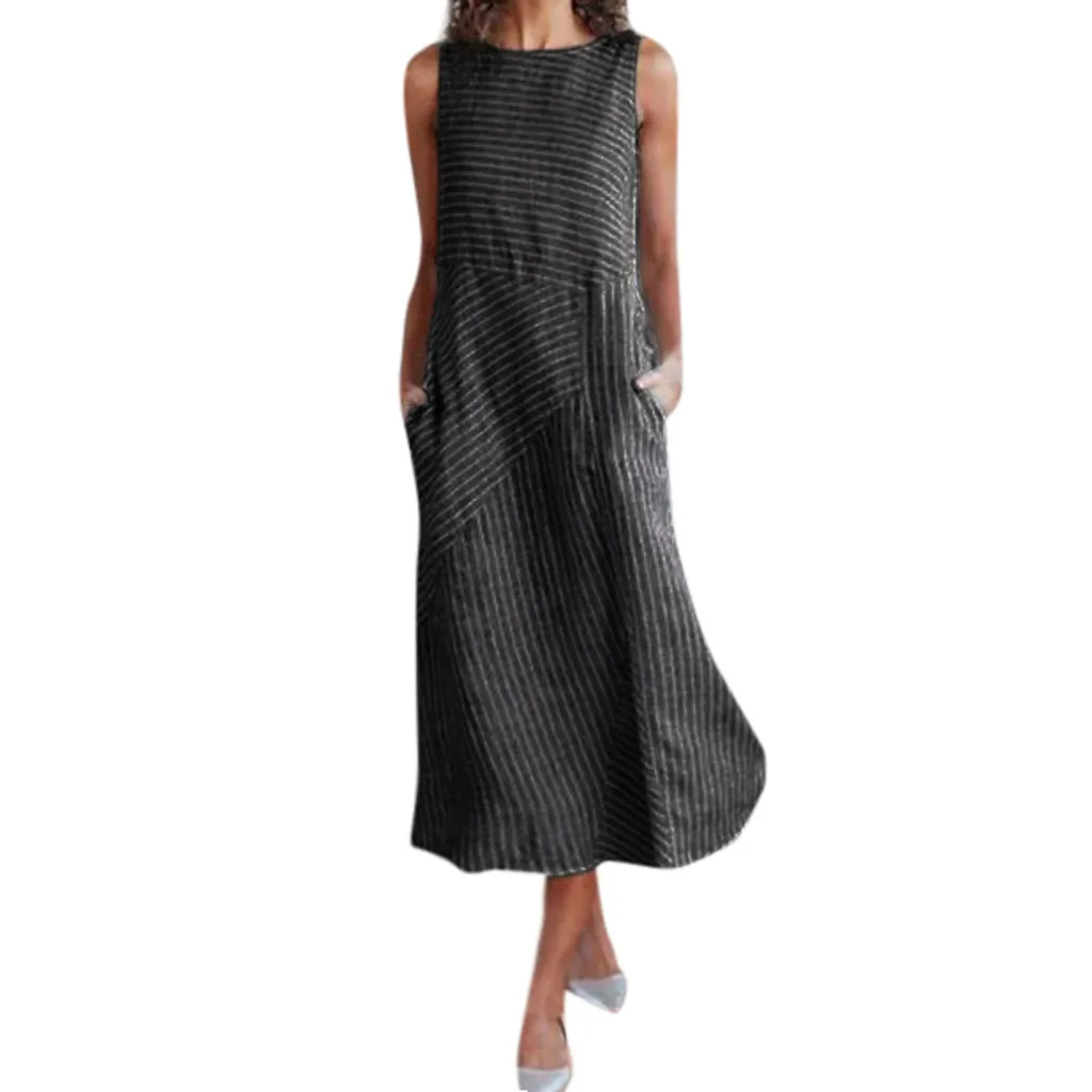

Sheinside Button Front Vertical Stripe Cami Dress Spaghetti Strap Sleeveless Crew Neck Linen Pocket Long Dress 4.1