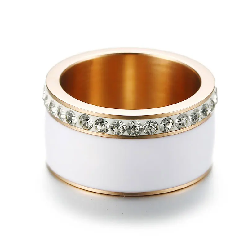 Широкие белые эмалированные стразы, кольцо из розового золота/серебра/золота, кольцо из нержавеющей стали для женщин, ювелирные изделия, рождественские подарки - Цвет основного камня: Rose gold