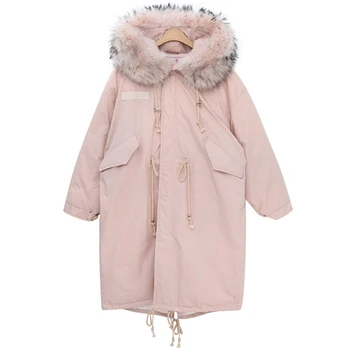 

Winter Jacket Women New 2018 Coats Artificial raccoon hair collar Female Parka Pink Thick Cotton Padded Lining Ladies Tops