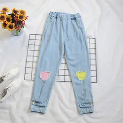 2019 Новый опрятный kawaii сердце патч ткань брюки с эластичной талией джинсы летние женские джинсы Облегающие штаны