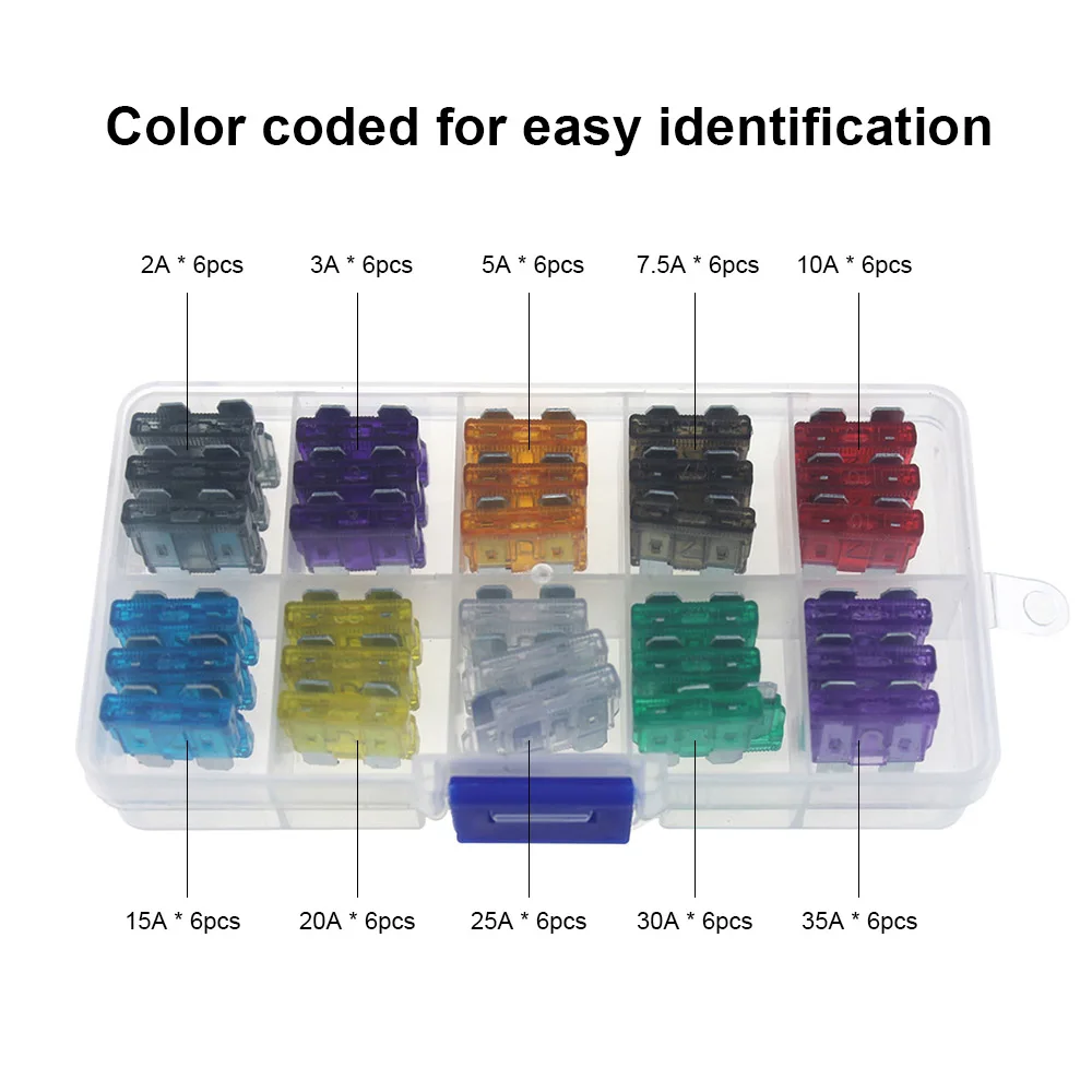 Универсальный 60 шт. ассортимент автомобилей Стандартный плавкие предохранители 2A 3A 5A 7.5A 10A 15A 20A 25A 30A 35A для автомобиля мотоцикла Лодка Грузовик