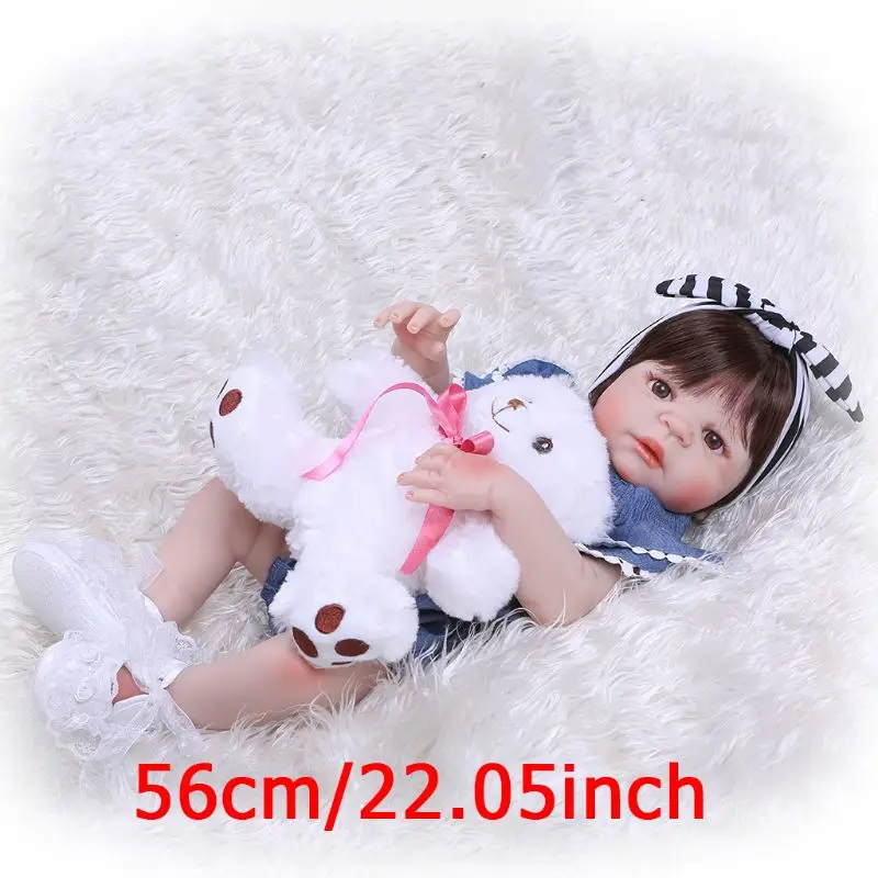 56cm Reborn Doll Realistic Silicone Vinyl Newborn Baby Toy Girl Princess Denim Clothes Lifelike Handmade Gifts