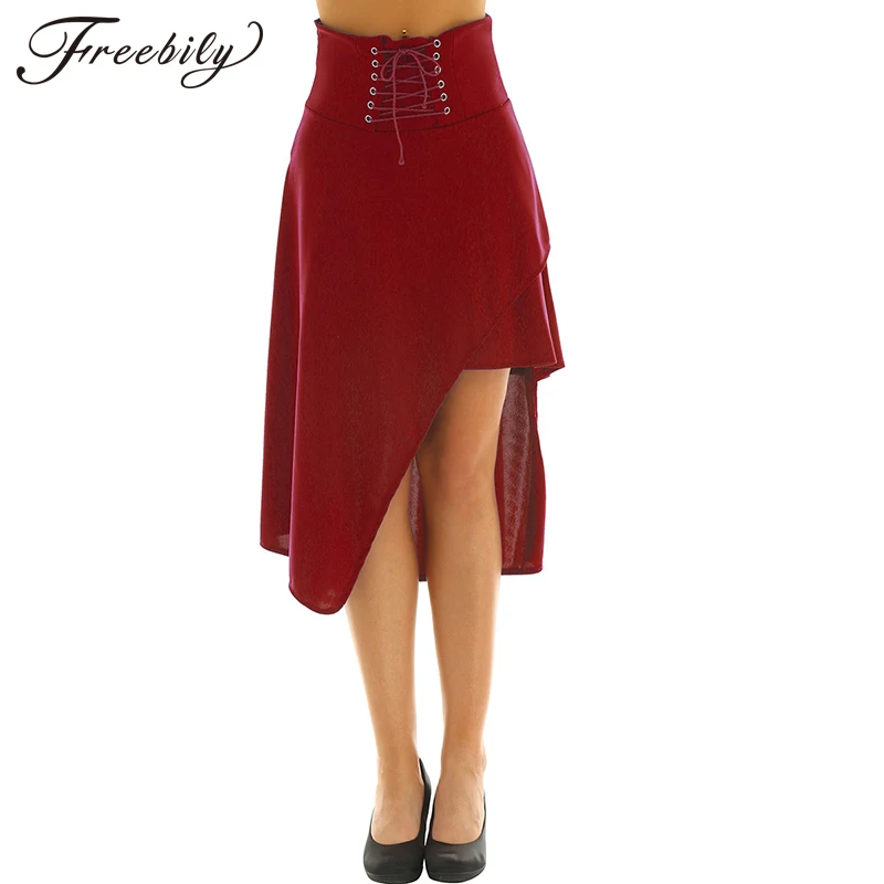 

Fashion Womens High Low Skirts Vintage Steampunk Victorian Gothic High Waist Front Lace Up Ruffle Asymmetrical High Low Skirt