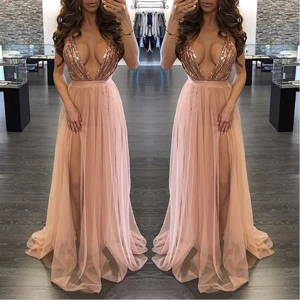 

Deep V Neck Strap Women Sexy Sequin Print Women Chiffon Mesh Sexy Long Party Club Dress Backless Elegant Maxi Dress