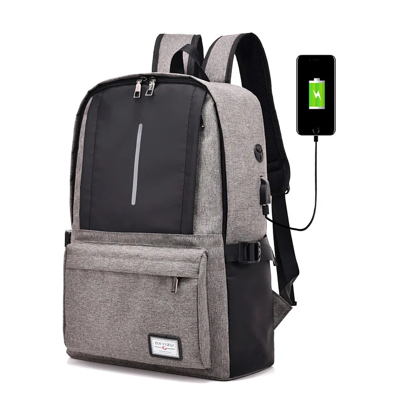 

Men External USB Charging Backpack Reflective Stripe Waterproof Canvas Laptop Backpacks Women Girls Tee Smart Man School Bags