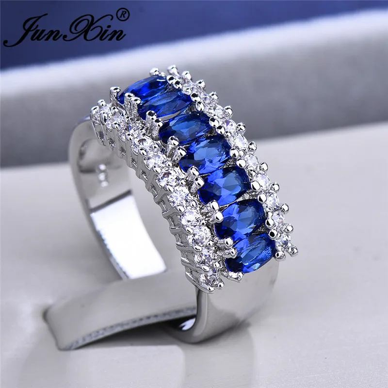JUNXIN Luxury Male Female Oval Blue Zircon Wedding Rings For Women Men 10KT White Gold Filled Birthstone Engagement Couples Ring