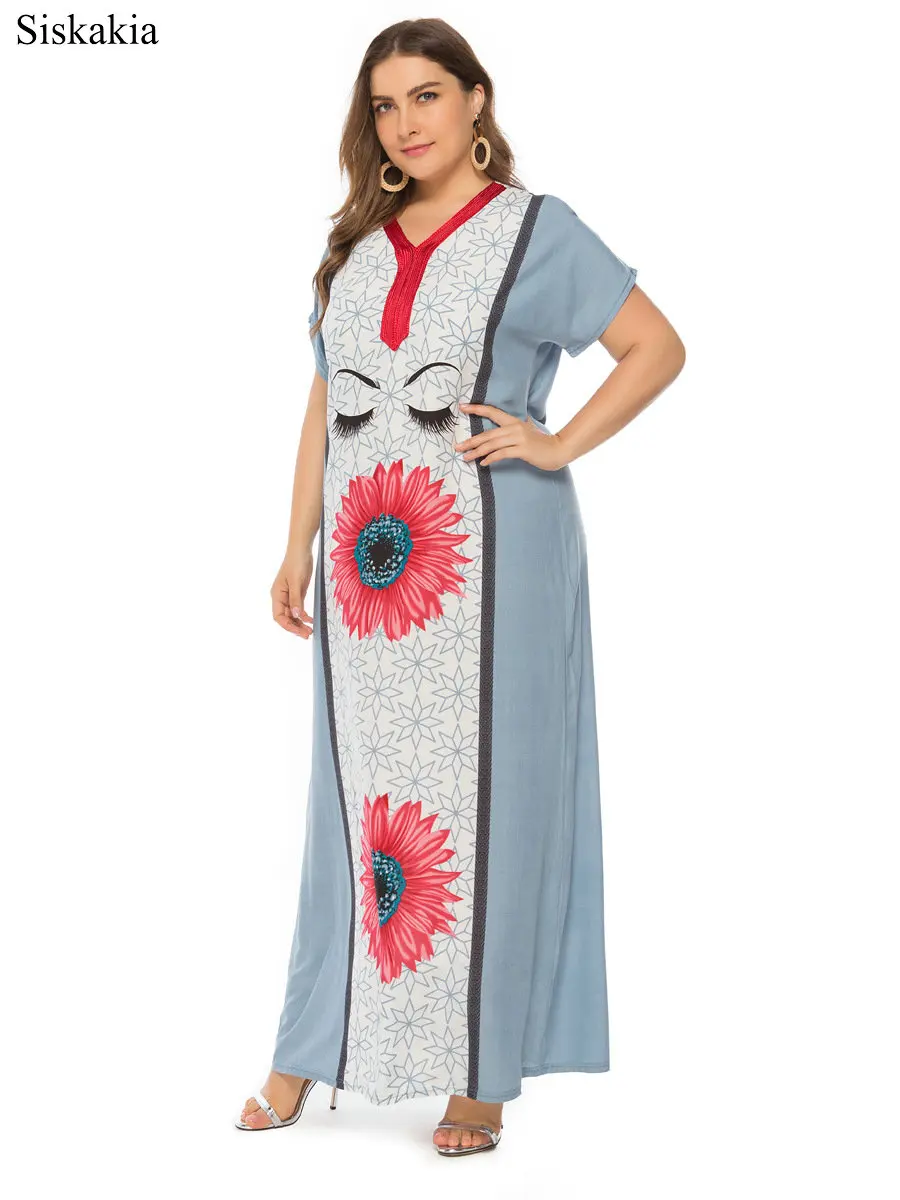 Siskakia Flower Print Plus Size Women Maxi Long Dress Vintage Loose V Neck Short Sleeve Female Dresses Blue Pink Summer 2019 New (4)