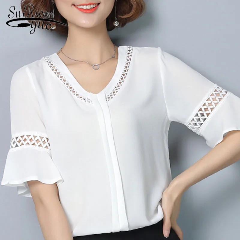 Women tops and short chiffon blouses 2019 summer fashion women short chiffon shirts V-Neck chiffon blouse women blouses 3107 50