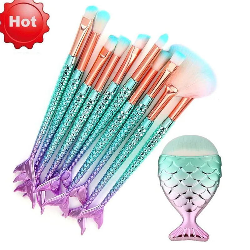 

11PCS mermaid Full Professional Makeup Kit Set Makeup Brushes Tools Foundation Eyebrow Eyeliner Blush Cosmetic Concealer Brushes