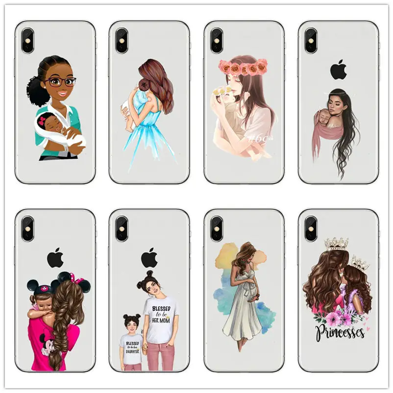 

Black Brown Hair Dear Baby Mom Girl son Queen 01 princess Silicone Phone Case cover For iPhone 7 6 6s 8 Plus X XR 5 mommy coque