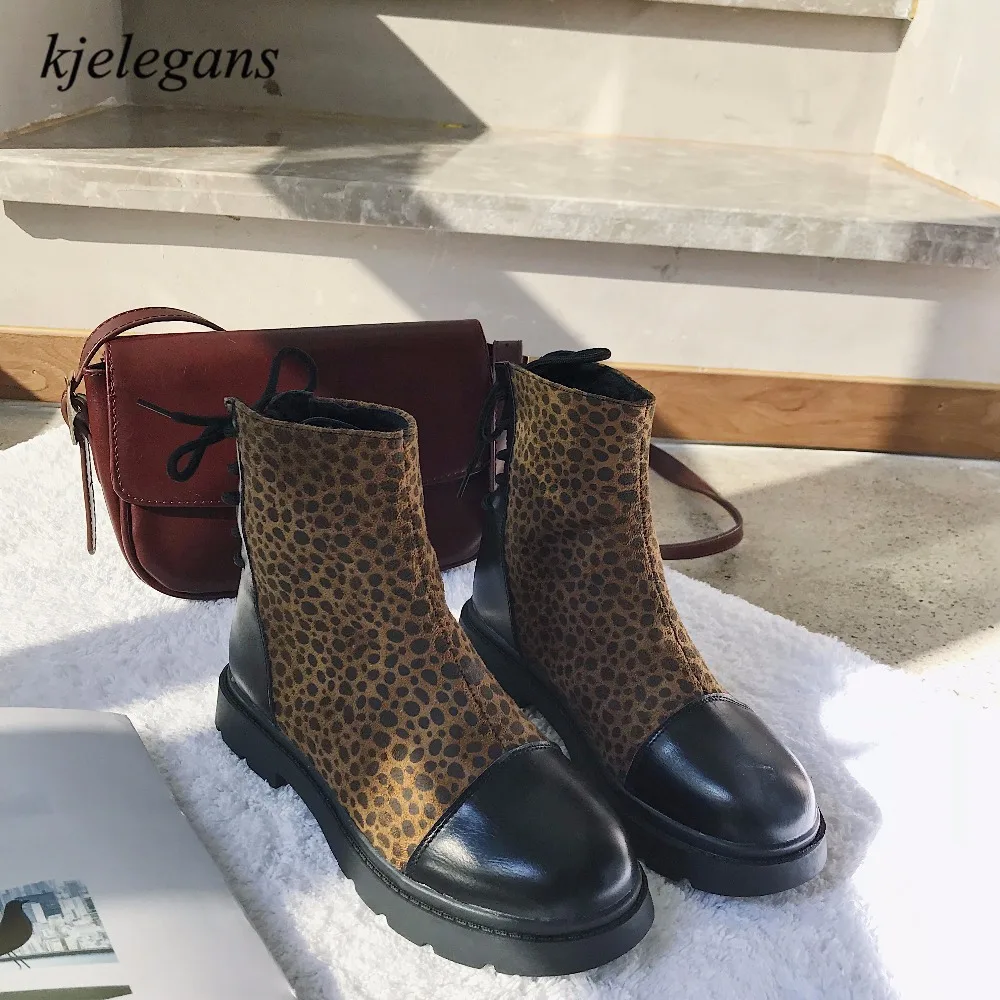 

kjelegans botines mujer 2018 fashion leopard high quality round toe mid-calf women boots winter short plush warm bota feminina