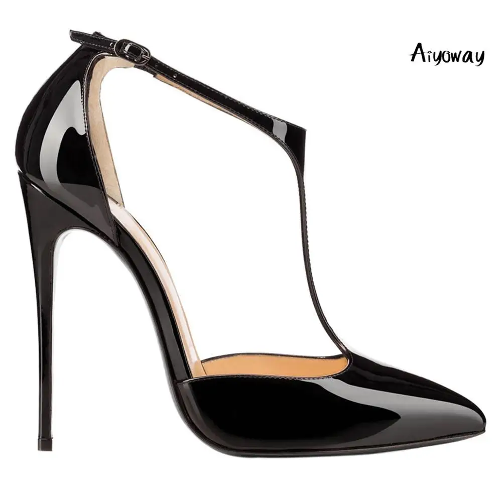 

Women High Heel T strap Ankle Buckle Ladies Pointed Toe Pumps 12cm Patent Leather Autumn Spring Party Sexy Clubwear Dress Black
