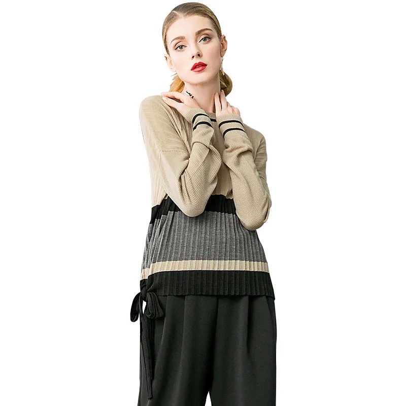 Elastic knit patchwork loose plus size pullovers pleated sweater 2018 new o-neck long sleeve women autumn sweater