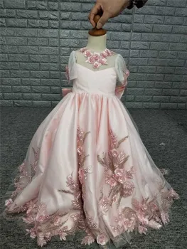 

Beauty Pink Flower Girl Dresses For Wedding Short Sleeves Bow Back Princess Real Photos Girls Pageant Gowns Cheap In Stock