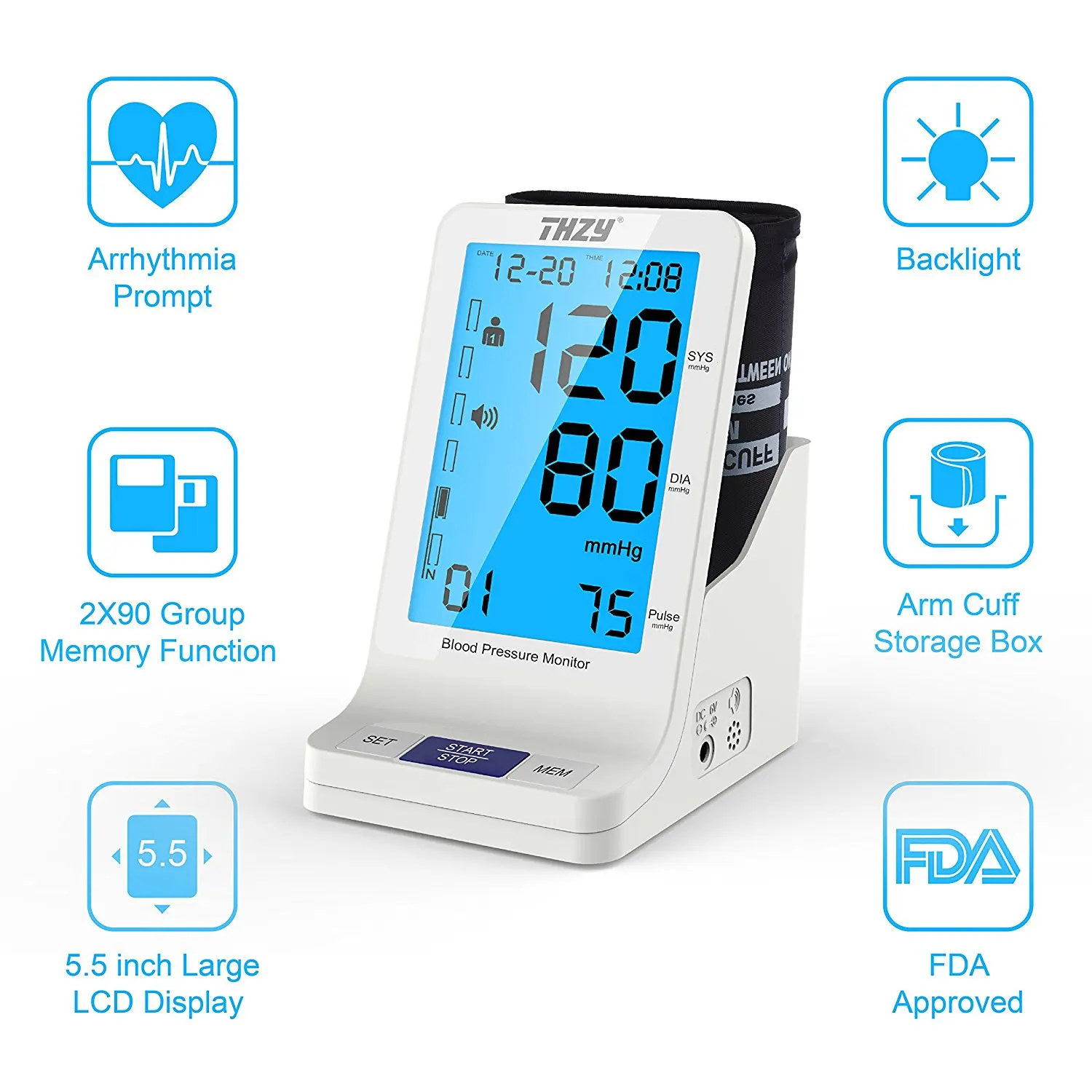 

Blood Pressure Monitor with Automatic Digital Upper Arm Cuff by THZY - FDA Approved, Accurate, Fast, Vertical Placement, Large