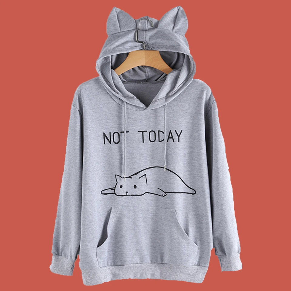 Толстовка Кот Kawaii Not Today Hoodie кошачьи уши Полерон Mujer 2019 5xl плюс Размеры кенгуру