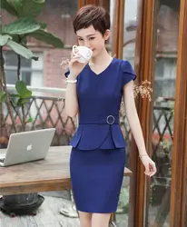 Женская деловая костюмная юбка и куртка комплекты синие Топы с коротким рукавом Офисная Женская рабочая одежда красота униформа для салона