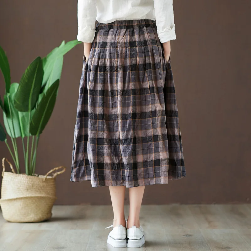 

2019 New Arrival Autumn Plaid Skirts Women Cotton Linen Vintage High Waist Elastic Big Swing Skirt Female Chic Loose A-line Saia