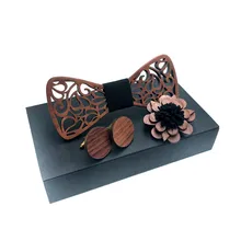 Деревянный галстук-бабочка брошь запонки набор мужской плед Бабочка дерево полые резные вырезами цветочный дизайн и коробка Мода Новинка Галстуки