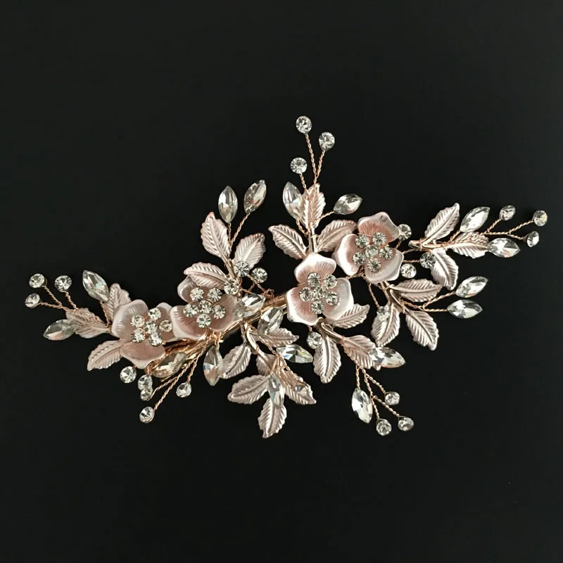 Goedkoop SLBRIDAL Handgemaakte Rose Gold Crystal Parel Blad Bloem Bruiloft Haar Clip Haarspeldjes Bridal Hoofddeksels Haar accessoires Bruidsmeisjes