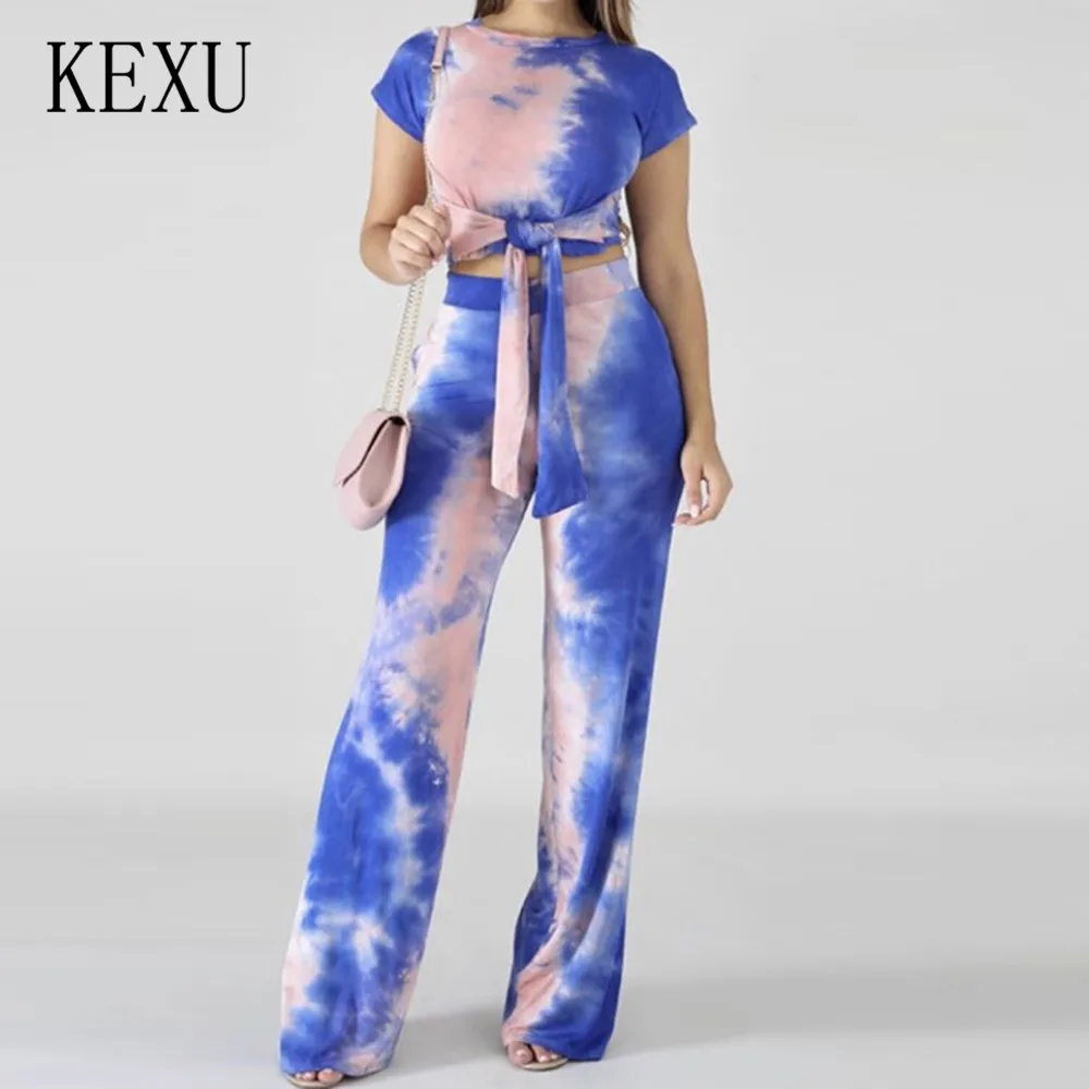 KEXU New High Street Style Brand Fashion Women Long Jumpsuits Tie Dye Two Pieces Sets Summer Bandage Purple Straight Trousers KEXU New High Street Style Brand Fashion Women Long Jumpsuits Tie Dye Two Pieces Sets Summer Bandage Purple Straight Trousers