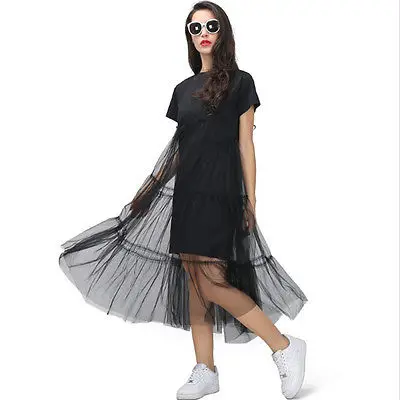 

2017 Summer New Fashion Women Lady Casual Short Sleeve Black Woman Dress Mesh Clothing Party Ball Prom Gown Cotton Dress