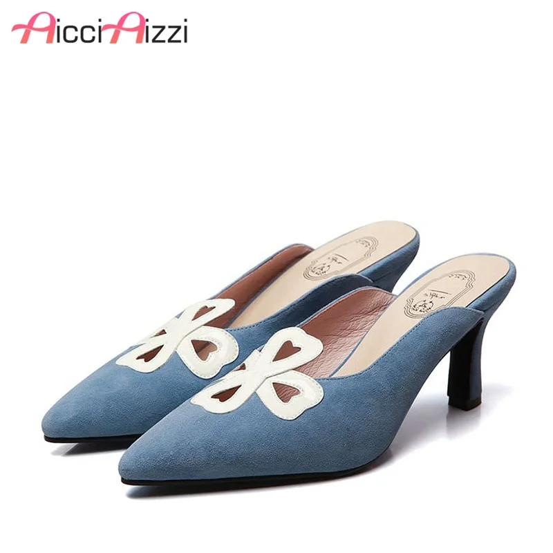 

AicciAizzi Cow Leather Women Sandals Pointed Toe High Heels Slippers High Quality Party Club Leisure Women Footwear Size 34-40