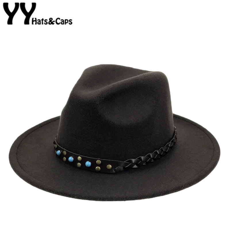 Western Cowboy Fedora Hat for Men Winter Autumn Trilby Caps Women Wide