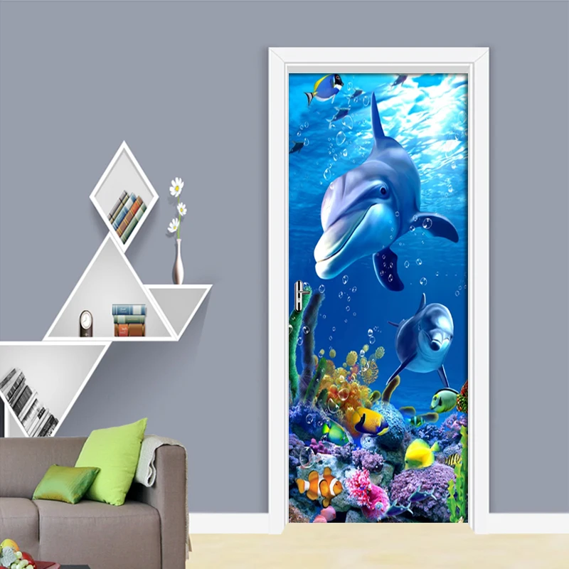 2 шт./компл. 3D креативные наклейки с дельфинами наклейка на дверь DIY Фреска для детской комнаты домашний декор плакат ПВХ Водонепроницаемый дверной стикер