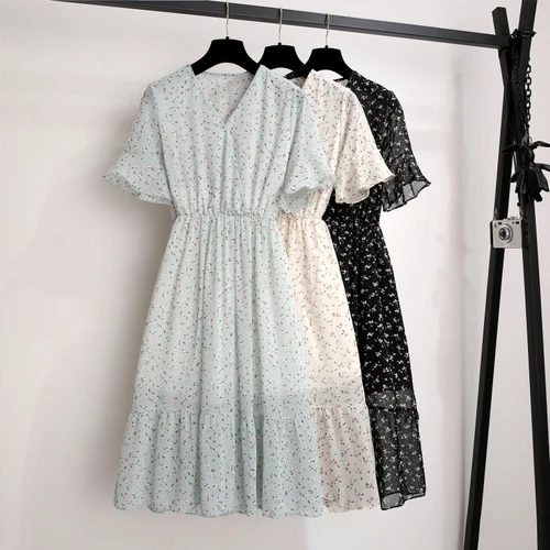 

Summer New Women Dress Luxury V Collar Floral Chiffon Medium Long Style Woman Dress Hight Quality Flare Sleeve Lady Dresses