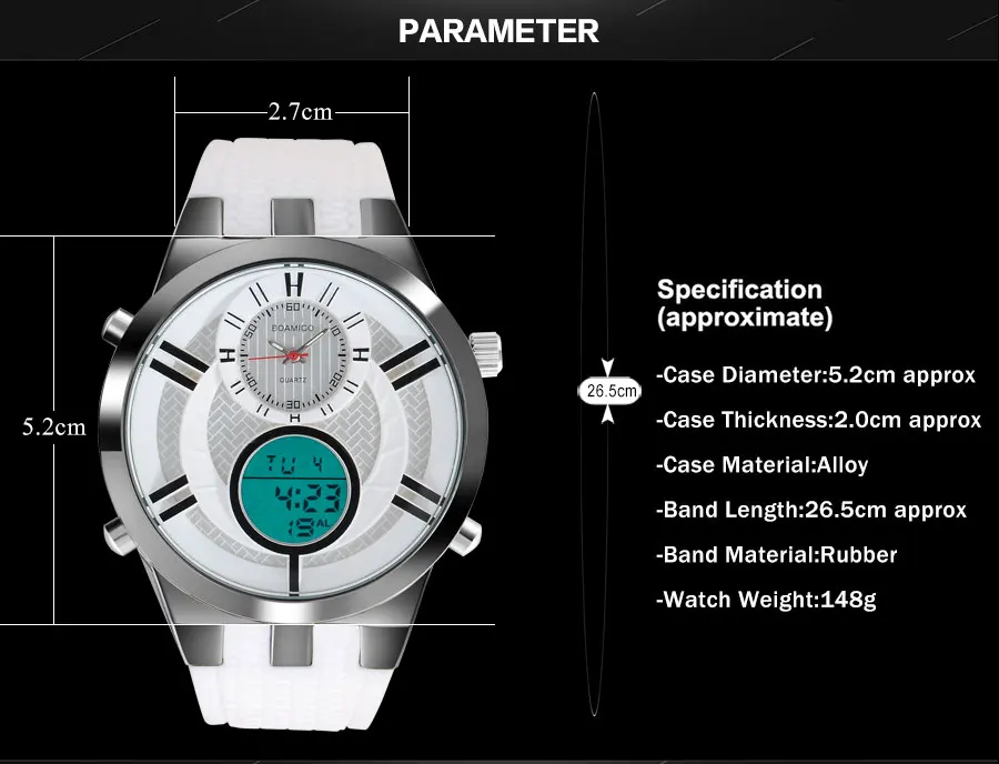 Мужские спортивные часы, двойной дисплей, цифровые часы, военные кварцевые часы, белая резина, подарок, наручные часы, BOAMIGO,, reloj hombre