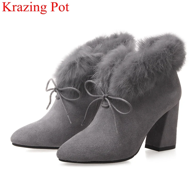 

2018 new arrival big size cow suede ankle boots square heel zipper solid high heels snow boots keep warm party winter shoes L29