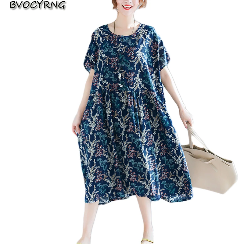 New Korea Loose Print Dress Female O Neck Big Yards Middle aged ...