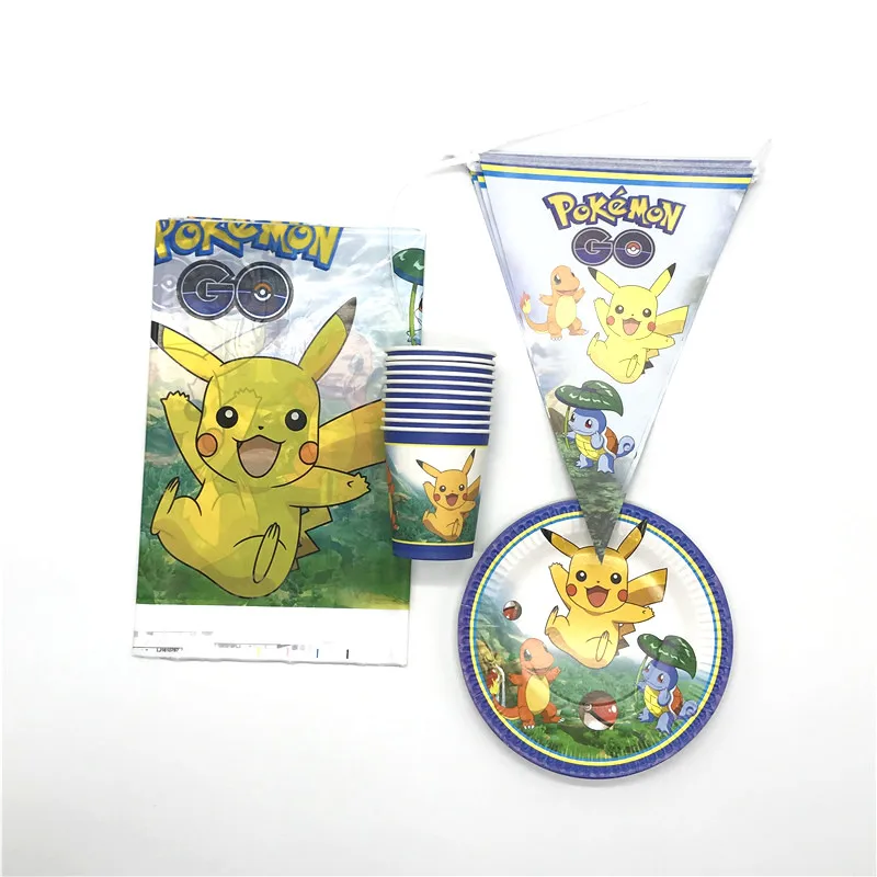 Новая распродажа Pokemon Go Дети День рождения украшения принадлежности чашки тарелка салфетка флаг Скатерть Пикачу одноразовые столовые приборы набор