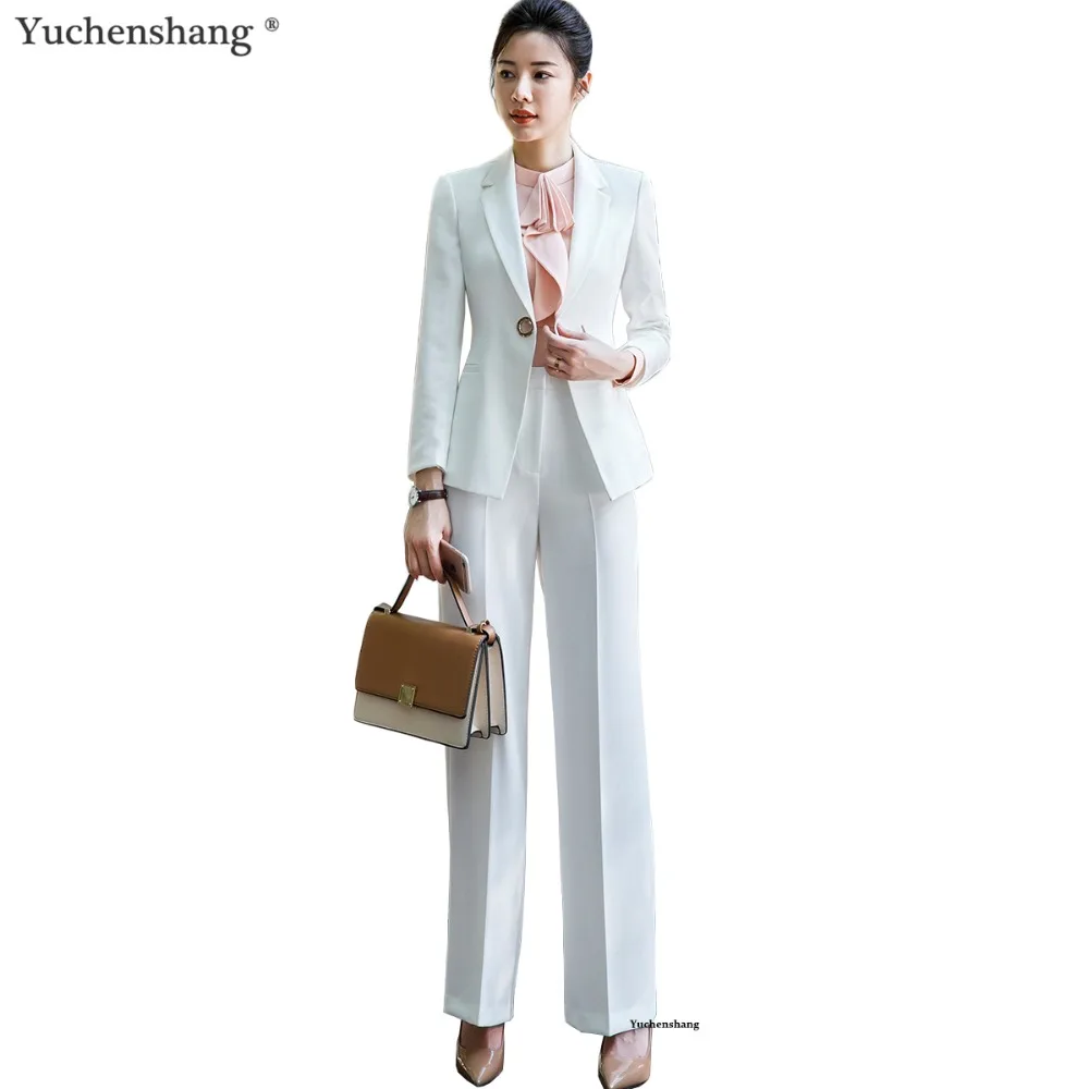 New 2018 Two Pieces Set Women Pant Suit Size S-4XL White Jacket Blazer With Pant Office Lady Work Wear Suits