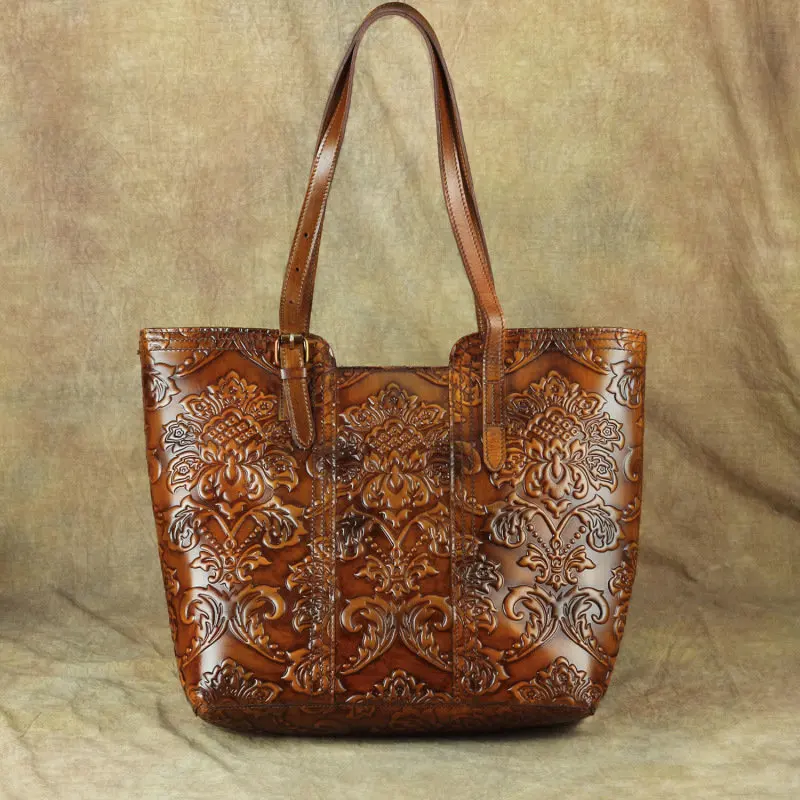 

Nesitu Flower Pattern Fashion Vintage A4 Brown Coffee Thick Genuine Leather Women's Handbag Female Totes Lady Shoulder Bags M113
