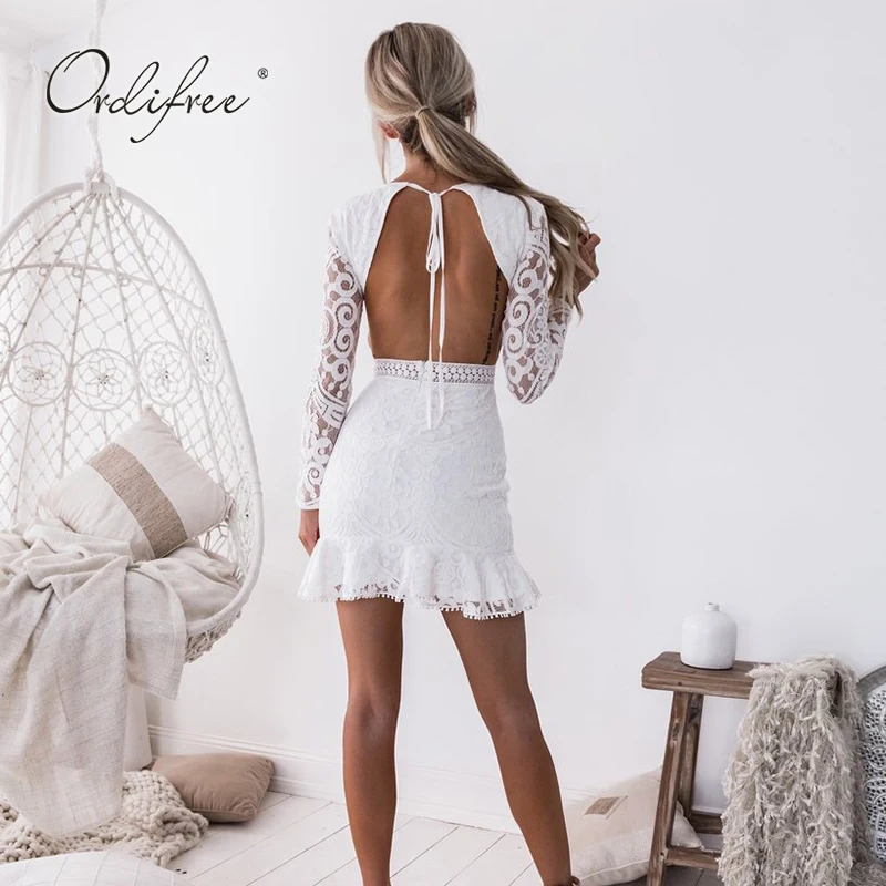 Ordifree Лето Для женщин Сексуальная Bodycon платье с длинным рукавом спинки белые кружева мини-платье