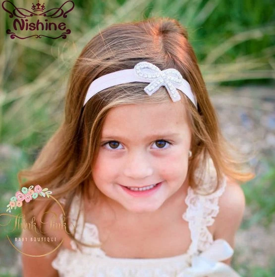 

Nishine 13 Colors Girls Baptism Headband Kids Bow Hairband Rhinestone Christening Wedding Flower Girl Hair Bands Photo Prop