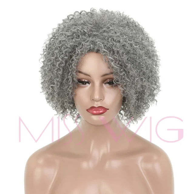 MISS WIG 16Inches Long Curly Wigs for Women Grey Mix Black Wigs 260g