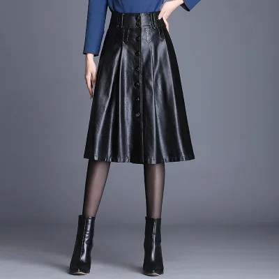 

Faux Leather Pleated Skirt Women 2019 Button Retro High Waist Leather Skirt Elegant Ladies Work Tutu Skirts Plus Size