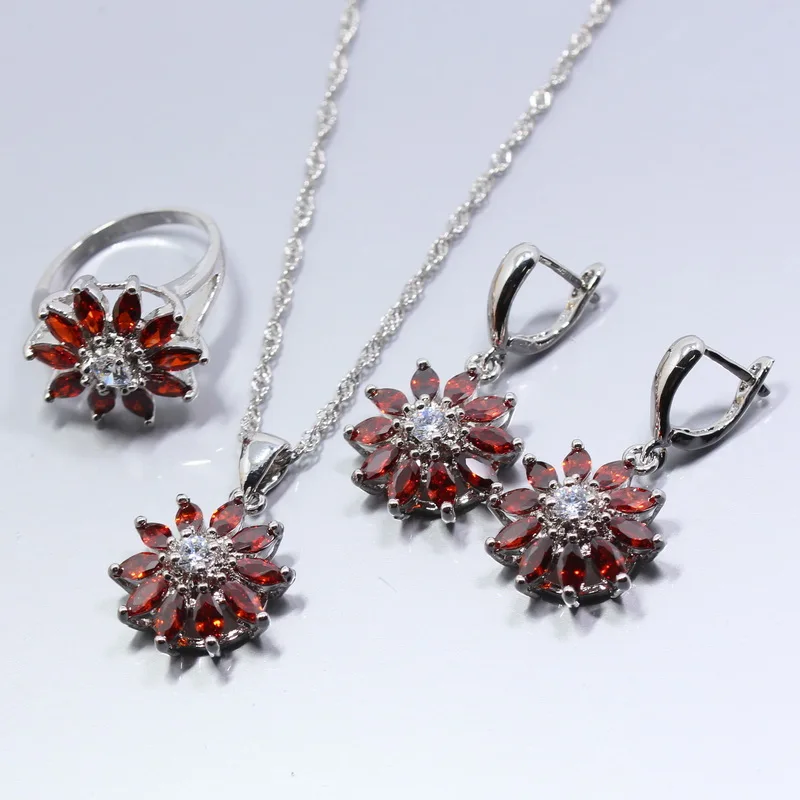 A Brillant 925 Silver Women Wedding Flower Jewelry Set Red Garnet A Brillant 925 Silver Women Wedding Flower Jewelry Set Red Garnet Earring Necklace Bracelet Pendant Ring W20 In Bridal Sets From