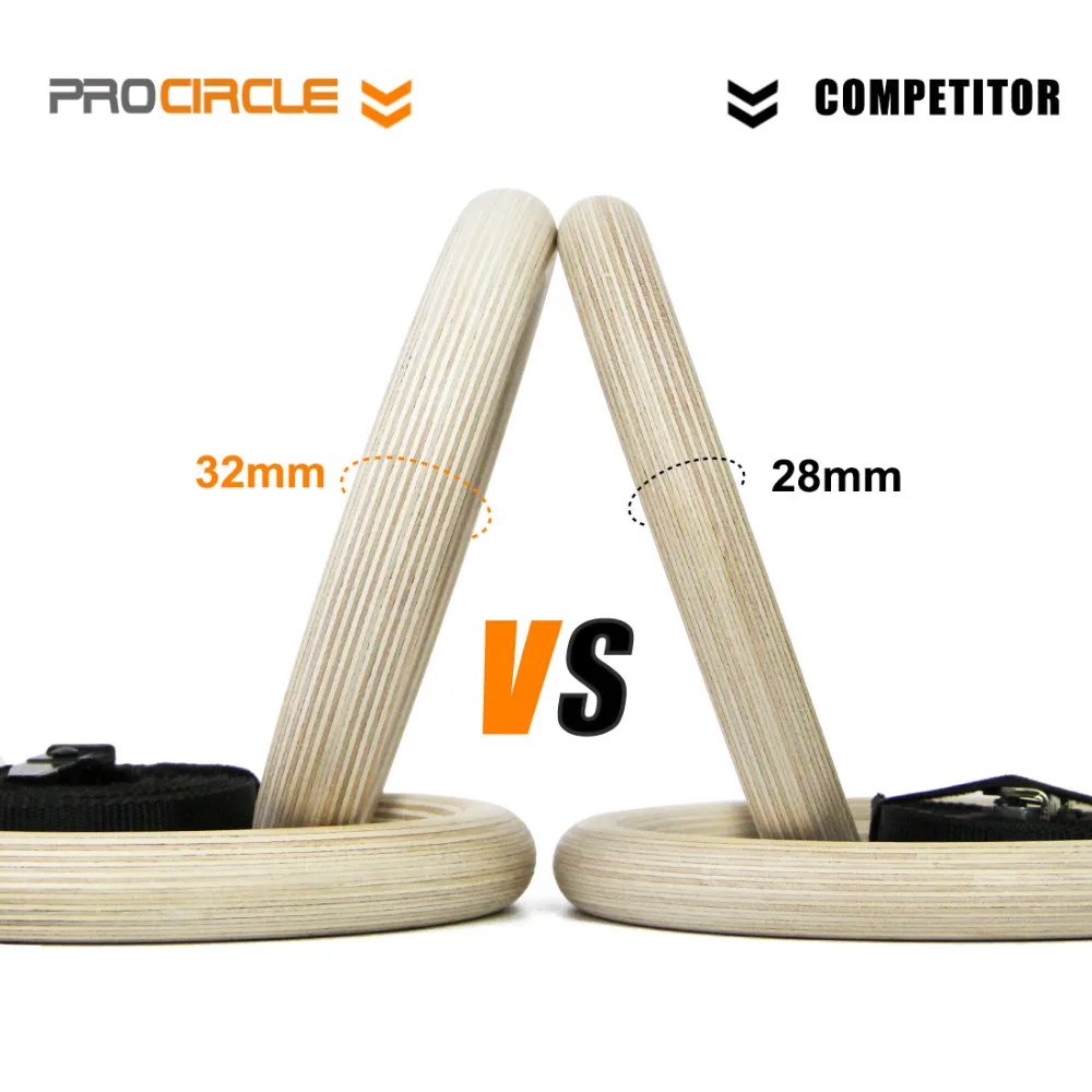 Procircle Wood Gymnastic Rings 28/32 mm Gym Rings with Adjustable Long Buckles Straps Workout For Home Gym & Cross Fitness