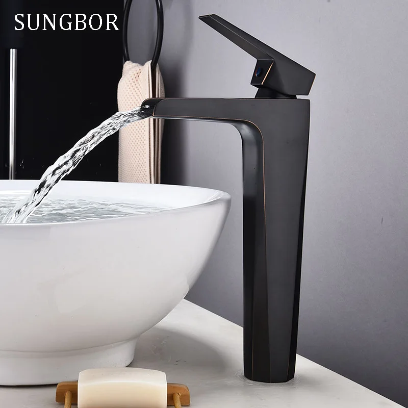

Contemporary Basin Faucet for Bathroom Black Chrome Solid Brass Basin Mixer Taps Waterfall Cold Hot Bathroom Sink Faucet FH-0430