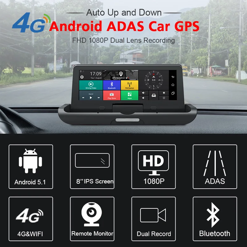  ANSTAR 4G Android Car DVR 8'' WiFi Bluetooth GPS Navigator ADAS Dual Lens Video Recorder Dash Cam R