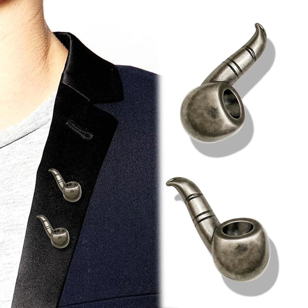 2x Men Silver Smoking Pipe Collar Shirt Hat Tie Lapel Scarf Pin Badge