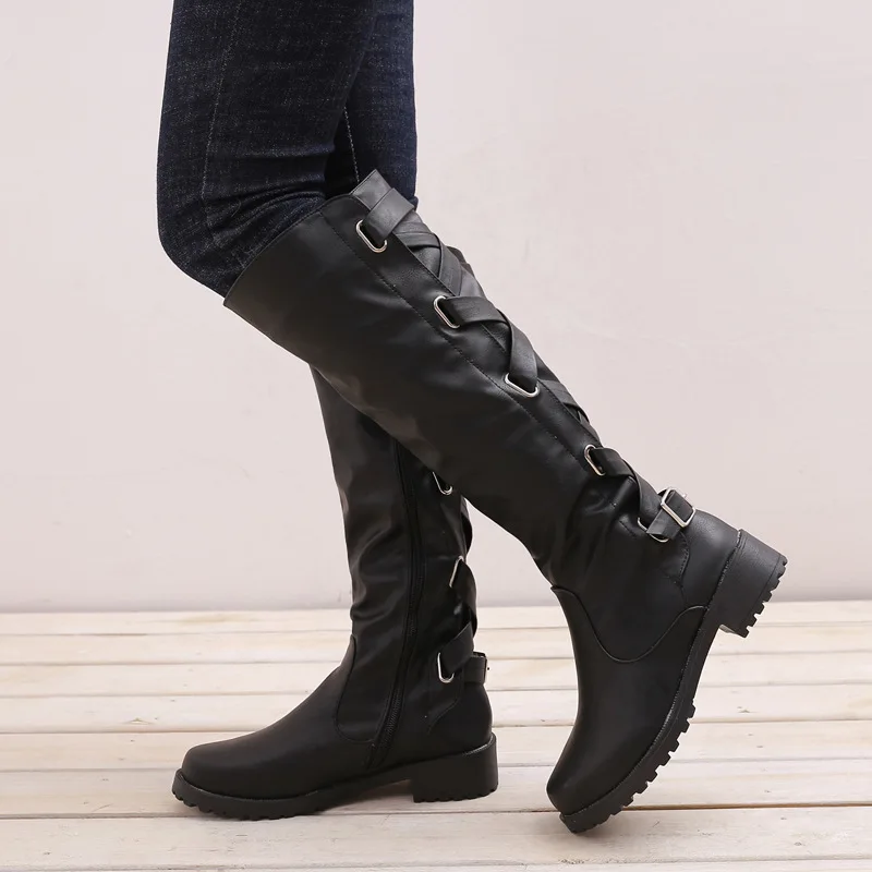 

Newest Black Women Boots High Boots brand Wearing Metal Belt Buckle Knee High Boots Low Heels Shoes Woman Plus size 35-43
