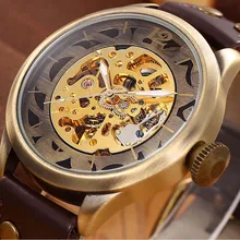 Brand Logo SHENHUA Classic Vintage Bronze Color Automatic Mechanical Montre Relojes Mens Hollow Skeleton Analog Wrist Watch