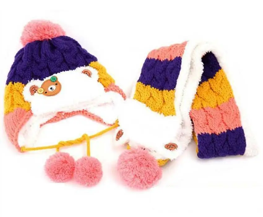 Зимняя шляпка для девочки, комплект с шарфом для мальчика, шапки и шарфы, детское вязаное изделие в полоску с рисунком медведя, вязаная шапочка с помпоном, теплый костюм из 2 предметов - Цвет: Yellow Purple