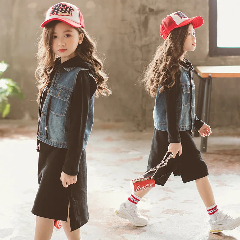

Children Clothes Sets for Girls Suit Spring 2018 New Kids Denim Vest+hoodies Dress 2 Pcs Suit Big Girls Teenagers Wears 6-14T
